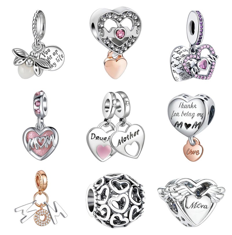 Acrobious 9PCS European Charms Beads Pendant For Bracelet, Charms for DIY Bracelets Necklace Jewellery Gift for Birthday Valentine's Day Party Christmas Mother's Day MOM Heart Love - Image 1