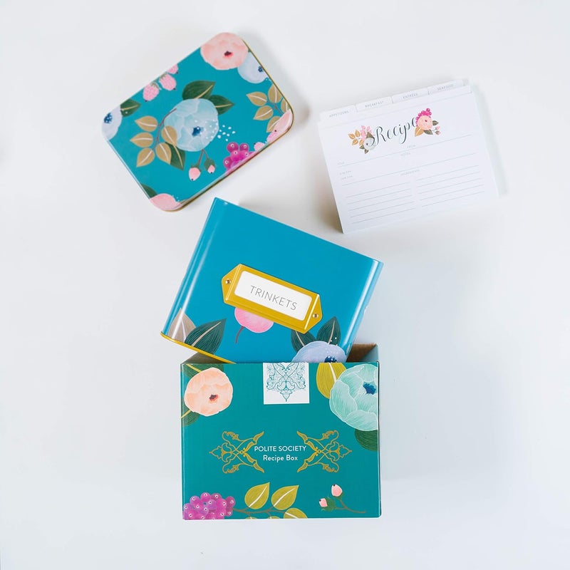 Polite Society Recipe Cards and Box Set  24 4x6 Recipe Cards  Durable Tin Box  Sky Blue Floral Print with Gold Finish  Keep Recipes Protected and Organized - Image 2