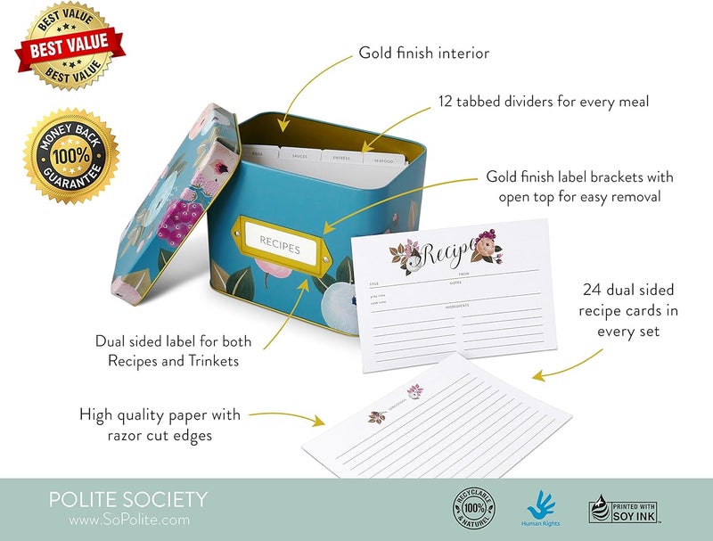 Polite Society Recipe Cards and Box Set  24 4x6 Recipe Cards  Durable Tin Box  Sky Blue Floral Print with Gold Finish  Keep Recipes Protected and Organized - Image 3