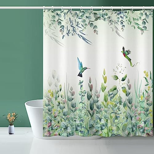 Niidder Green Leaf Shower Curtain, Emerald Bird Mint Green 72 “W x 72” L with 12 Hooks, Weighted Hem Bathroom Shower Curtain, Hummingbird Shower Curtains Water Resistant - Image 1