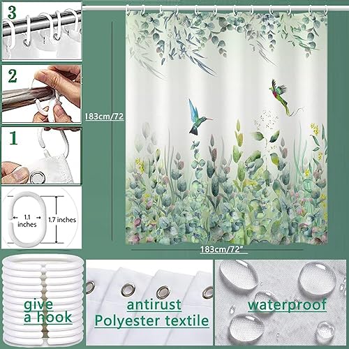 Niidder Green Leaf Shower Curtain, Emerald Bird Mint Green 72 “W x 72” L with 12 Hooks, Weighted Hem Bathroom Shower Curtain, Hummingbird Shower Curtains Water Resistant - Image 2