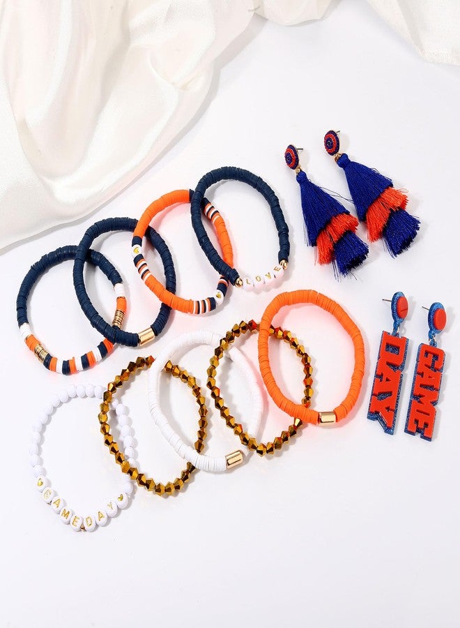 boderier 9PCS Game Day Bracelets Stackable Heishi Beaded Stretchy Bracelets LOVE GAME DAY Football Team Jewelry Sports Fan Bracelet Earrings Accessories Gifts Navy Orange - Image 2