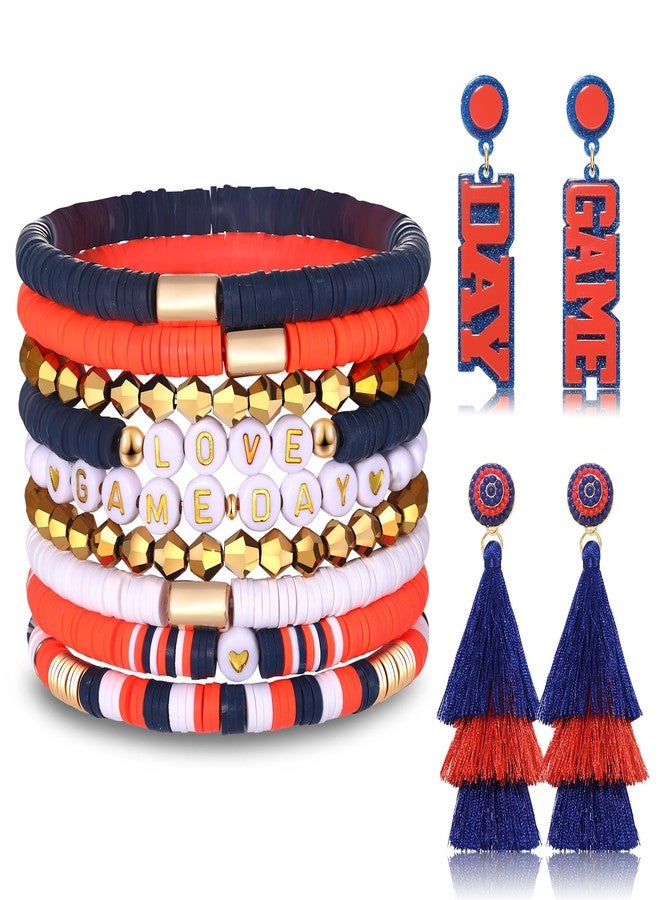 boderier 9PCS Game Day Bracelets Stackable Heishi Beaded Stretchy Bracelets LOVE GAME DAY Football Team Jewelry Sports Fan Bracelet Earrings Accessories Gifts Navy Orange - Image 1