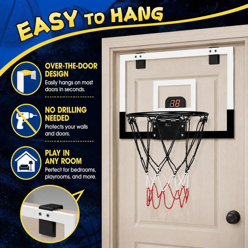 Rovyfota Indoor Mini Basketball Hoop for Kids, Basketball Hoops Over The Door, Mini Hoop with Scoreboard & 3 Balls, Basketball Toys Gifts for 5 6 7 8 9 10 11 12 Year Old Boys Girls - Image 4