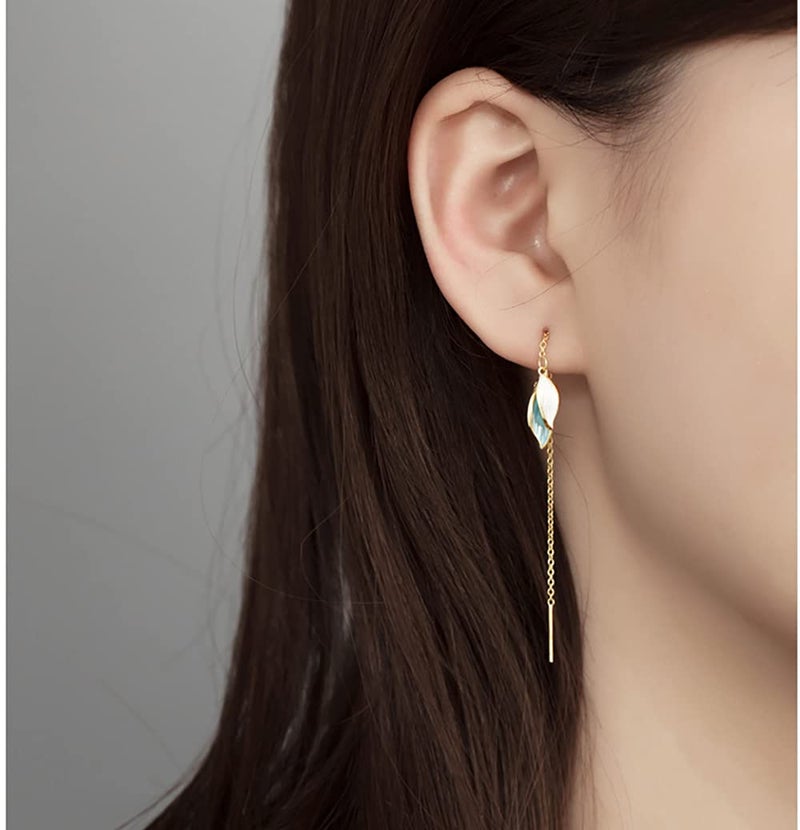 Reffeer Solid 925 Sterling Silver Leaf Chain Dangle Earrings for Women Teen Girls Leaf Dangle Drop Earrings Threader Tassel (B-18K Gold) - Image 3