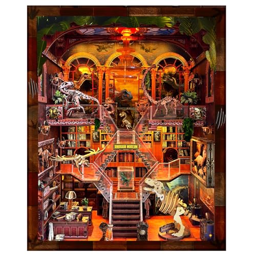 VORATHIS DIY Wooden Puzzle with Night Light Miniature House Kits Stunning Bookshelf Insert Decor Ideal Gift for Holidays Birthdays and Home Library DecorationDinosaur Museum - Image 1
