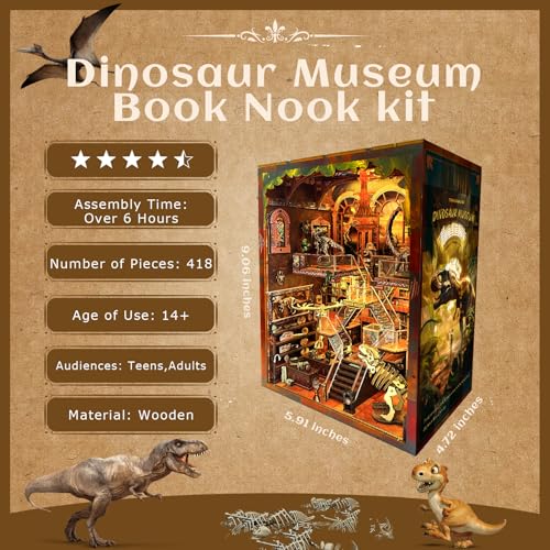 VORATHIS DIY Wooden Puzzle with Night Light Miniature House Kits Stunning Bookshelf Insert Decor Ideal Gift for Holidays Birthdays and Home Library DecorationDinosaur Museum - Image 5