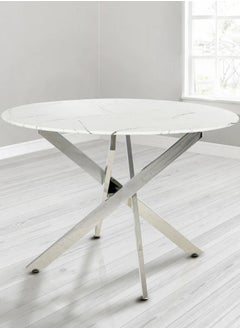VANITY LIVING VANITY LIVING Dining Table with Wooden Marble Effect Top, 100cm Dia Round Dinner Table, Breakfast Kitchen Table with Chrome Metallic Base  - Image 1