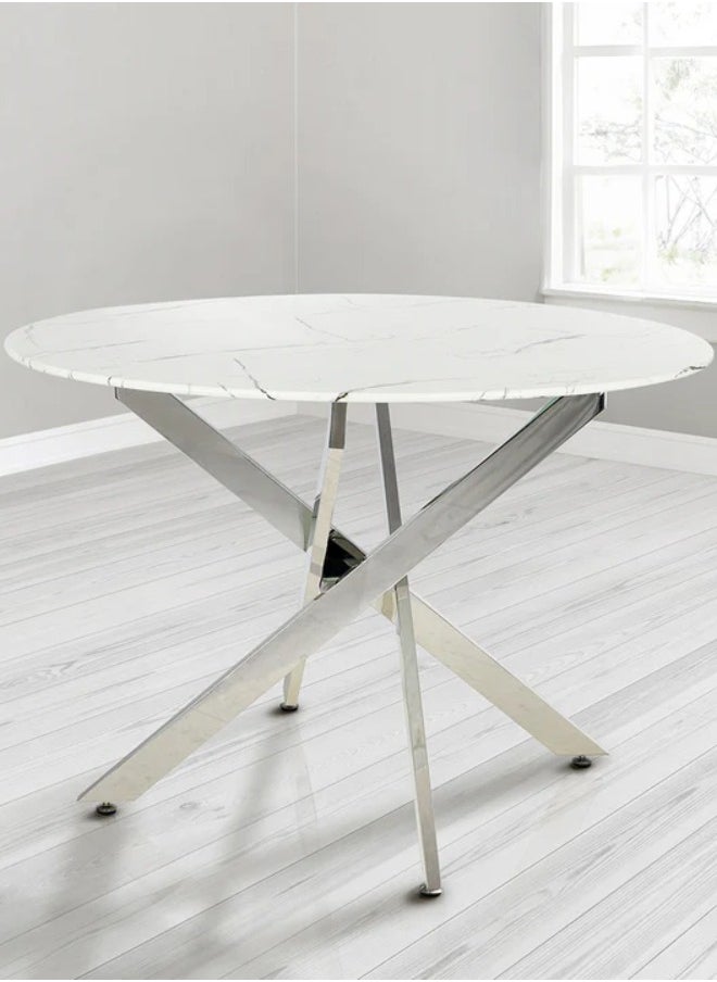 VANITY LIVING - VANITY LIVING Dining Table with Wooden Marble Effect Top, 100cm Dia Round Dinner Table, Breakfast Kitchen Table with Chrome Metallic Base - Image 1