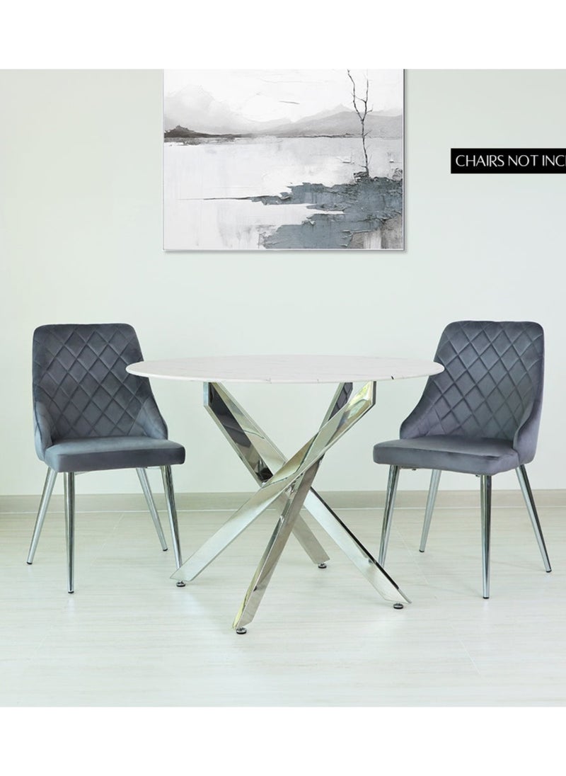 VANITY LIVING - VANITY LIVING Dining Table with Wooden Marble Effect Top, 100cm Dia Round Dinner Table, Breakfast Kitchen Table with Chrome Metallic Base - Image 1