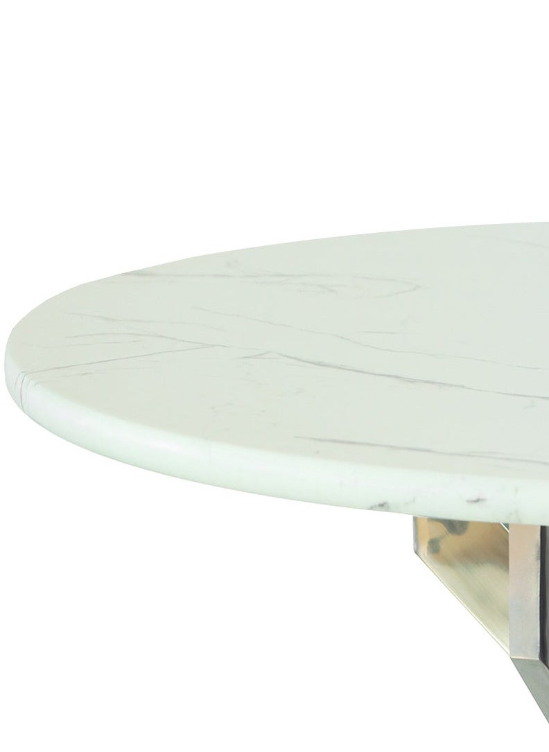 VANITY LIVING - VANITY LIVING Dining Table with Wooden Marble Effect Top, 100cm Dia Round Dinner Table, Breakfast Kitchen Table with Chrome Metallic Base - Image 1