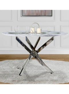 VANITY LIVING VANITY LIVING Dining Table with Wooden Marble Effect Top, 100cm Dia Round Dinner Table, Breakfast Kitchen Table with Chrome Metallic Base  - Image 4