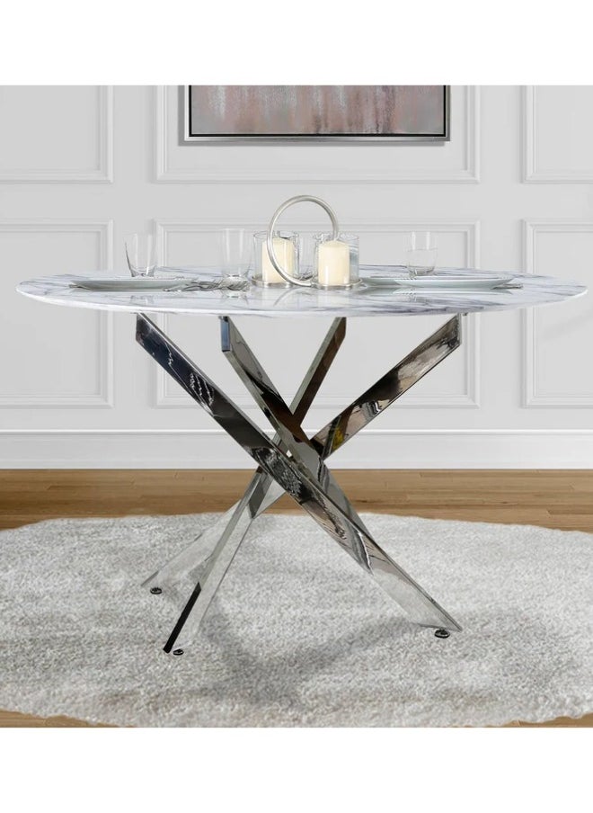 VANITY LIVING - VANITY LIVING Dining Table with Wooden Marble Effect Top, 100cm Dia Round Dinner Table, Breakfast Kitchen Table with Chrome Metallic Base - Image 1