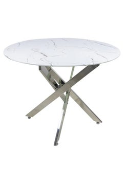VANITY LIVING VANITY LIVING Dining Table with Wooden Marble Effect Top, 100cm Dia Round Dinner Table, Breakfast Kitchen Table with Chrome Metallic Base  - Image 3