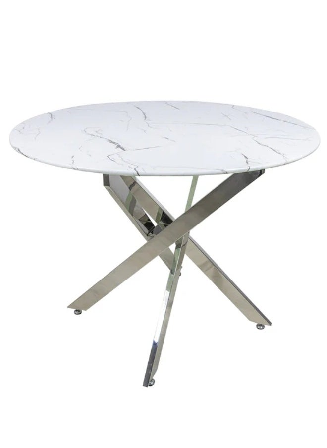 VANITY LIVING - VANITY LIVING Dining Table with Wooden Marble Effect Top, 100cm Dia Round Dinner Table, Breakfast Kitchen Table with Chrome Metallic Base - Image 1
