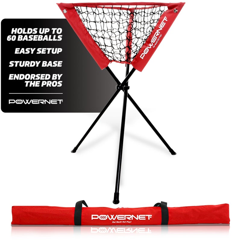 PowerNet PowerNet Baseball  Softball Ball Caddy Portable Batting Practice Caddy Holds up to 60 Baseballs Softballs or Weighted Balls for Training and Drills Red 
