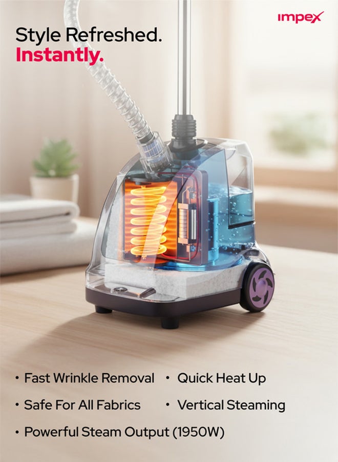 Impex Electric Garment Steamer 1950W, 38s Preheat, Standing Garment Steamer For Clothes 32g/min Steam Rate, 1.3L Water Tank For Continuous Steaming, Steamer For Wrinkles And Creases, 40Min Runtime, Adjustable Aluminum Pole, Coat Hanger, Brush & Glove, Accessories, Hairbrush Head - GSM 6010, Purple/Black 1.3 L 1950 W GSM 6010 Purple/Black - Image 4