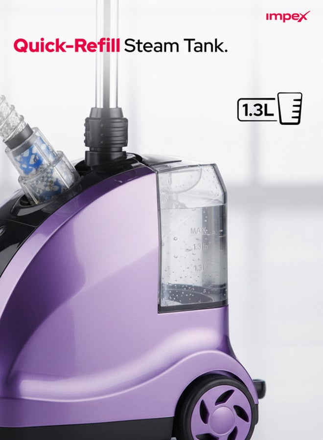 Impex Electric Garment Steamer 1950W, 38s Preheat, Standing Garment Steamer For Clothes 32g/min Steam Rate, 1.3L Water Tank For Continuous Steaming, Steamer For Wrinkles And Creases, 40Min Runtime, Adjustable Aluminum Pole, Coat Hanger, Brush & Glove, Accessories, Hairbrush Head - GSM 6010, Purple/Black 1.3 L 1950 W GSM 6010 Purple/Black - Image 3