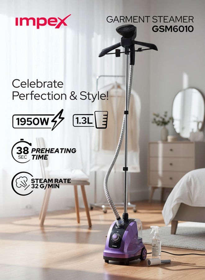 Impex Electric Garment Steamer 1950W, 38s Preheat, Standing Garment Steamer For Clothes 32g/min Steam Rate, 1.3L Water Tank For Continuous Steaming, Steamer For Wrinkles And Creases, 40Min Runtime, Adjustable Aluminum Pole, Coat Hanger, Brush & Glove, Accessories, Hairbrush Head - GSM 6010, Purple/Black 1.3 L 1950 W GSM 6010 Purple/Black - Image 2