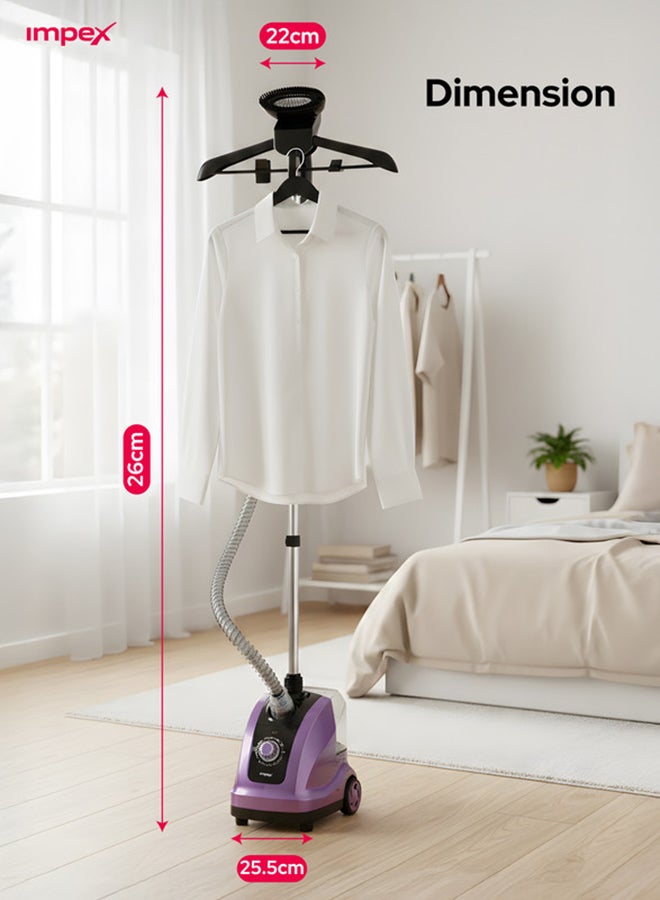 Impex Electric Garment Steamer 1950W, 38s Preheat, Standing Garment Steamer For Clothes 32g/min Steam Rate, 1.3L Water Tank For Continuous Steaming, Steamer For Wrinkles And Creases, 40Min Runtime, Adjustable Aluminum Pole, Coat Hanger, Brush & Glove, Accessories, Hairbrush Head - GSM 6010, Purple/Black 1.3 L 1950 W GSM 6010 Purple/Black - Image 5