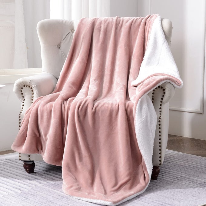 SHERPA FLEECE THROW BLANKET DOUBLESIDED SUPER SOFT LUXURIOUS PLUSH BLANKET TWIN SIZE 60 INCHX80 INCH DUSTY PINK