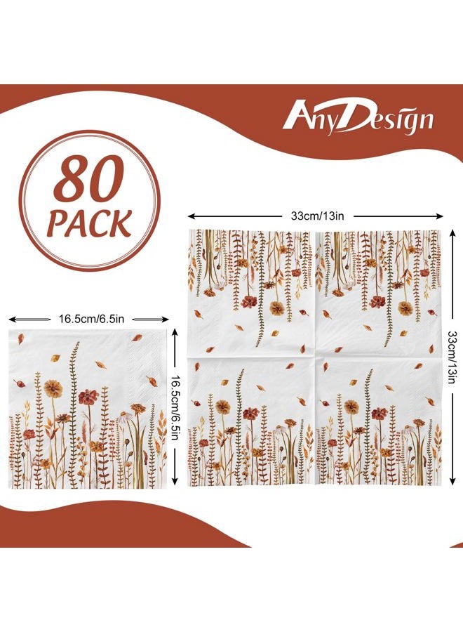 AnyDesign 80Pcs Fall Floral Paper Napkins Disposable Watercolor Wildflower Luncheon Napkins Wild Floral Plants Dessert Dinner Hand Napkin for Autumn Birthday Wedding Party Supplies, 6.5 x 6.5 Inch - Image 2