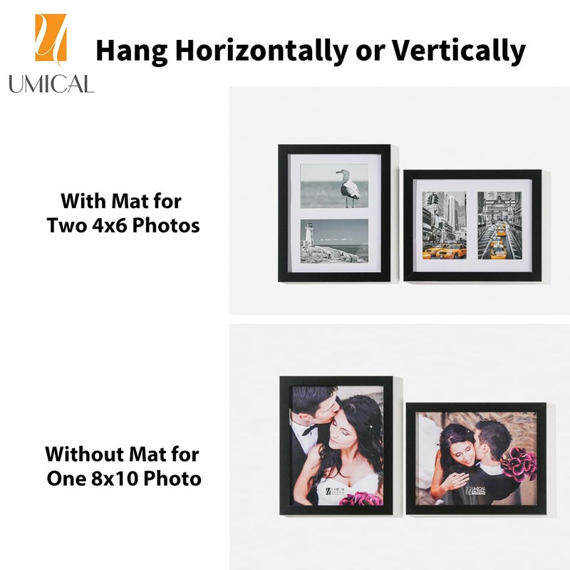 UMICAL 8x10 Picture Frame with HD Plexiglass and White Mat displays (2) 4x6 Pictures Black Wood Collage Photo Frames for Table Top Stand and Wall Mounting - Image 2