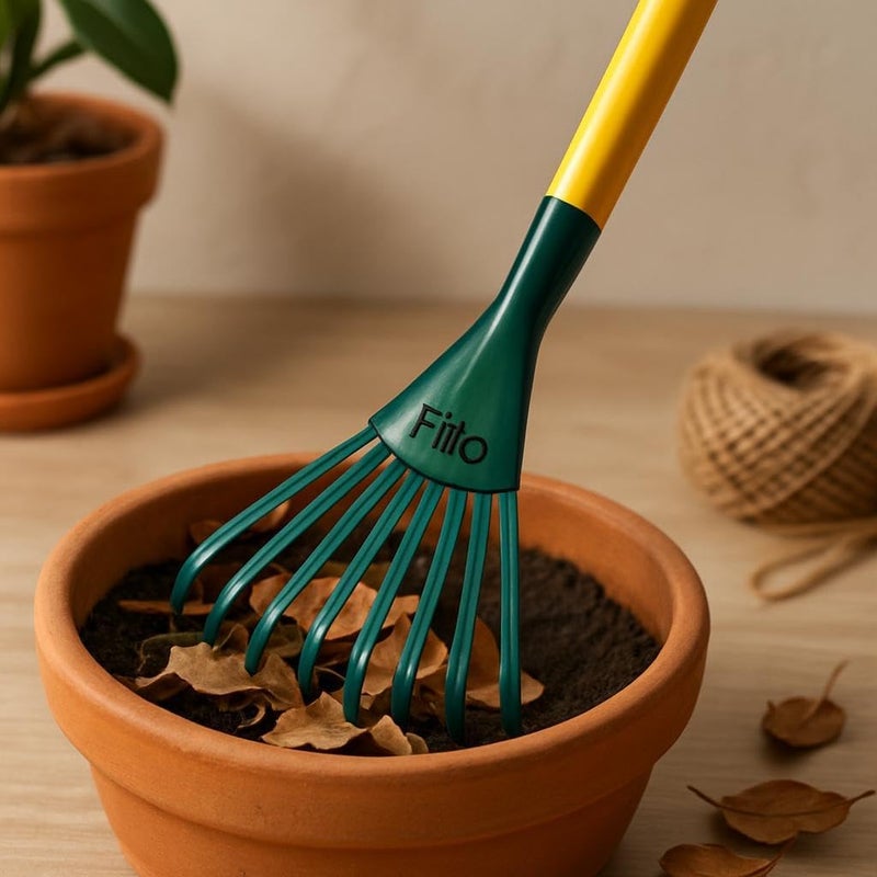 Fitto Small Garden Rake with Green Head and Yellow Handle, 9 Tines for Raking Leaves and Soil - Image 1