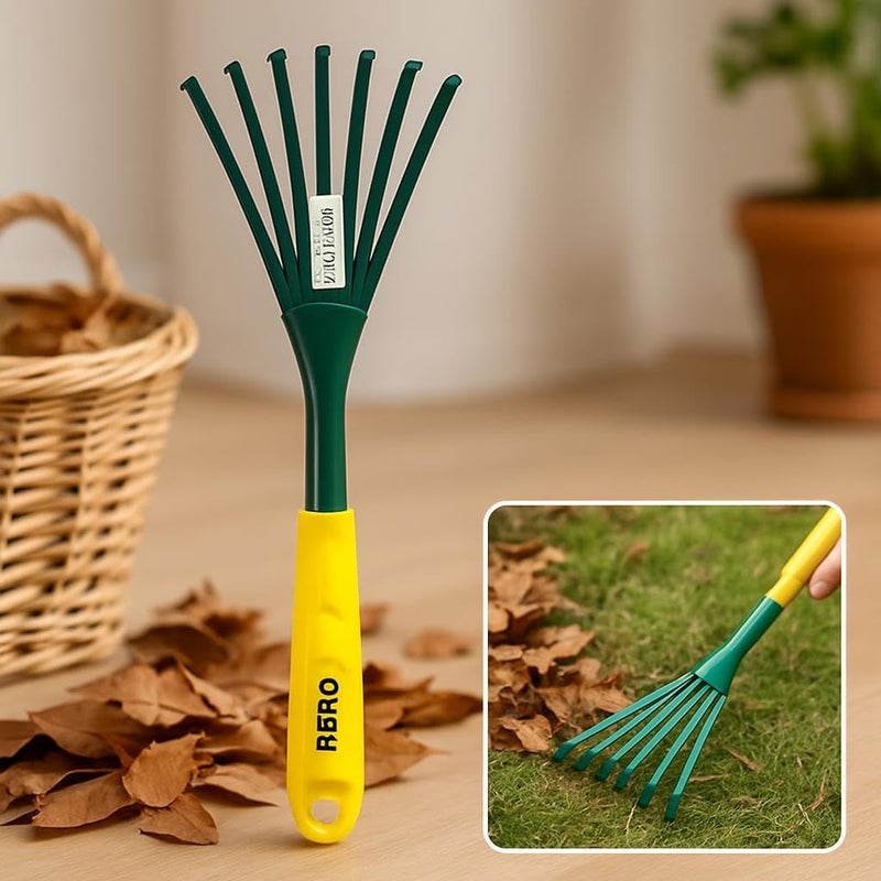 Fitto Small Garden Rake with Green Head and Yellow Handle, 9 Tines for Raking Leaves and Soil - Image 2