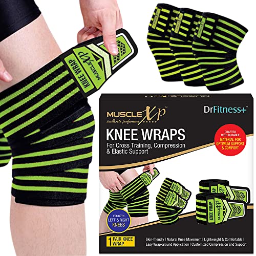 MuscleXP DrFitness+ Knee Wraps for Cross Training, for Both Left & Right Knees, Compression & Elatic Support, Weight Lifting, Cross fit, Gym Workout, Lightweight & Comfortable (Black & Green), 1 Pair - Image 1