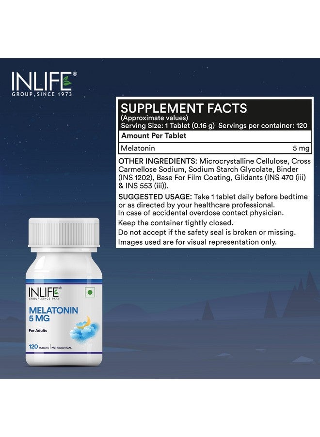 INLIFE Melatonin 5mg Tablets | Promotes Sleep and Relaxation | Vegetarian Friendly & Easy to Swallow Supplement for Men and Women - 120 Tablets (Pack of 1) - Image 2