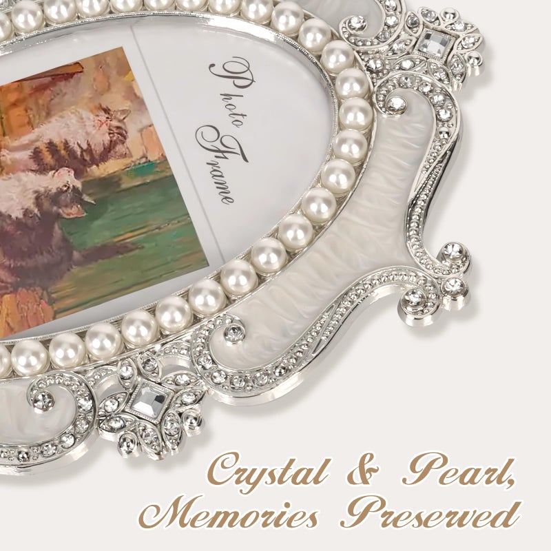Essovee Vintage Picture Frames 4x6,Metal Vintage Photo Frame,Oval Photo Frame with Crystal and Pearl Decoration,HD Glass,for Wedding Valentine's/Mother's Day Gifts,White - Image 2