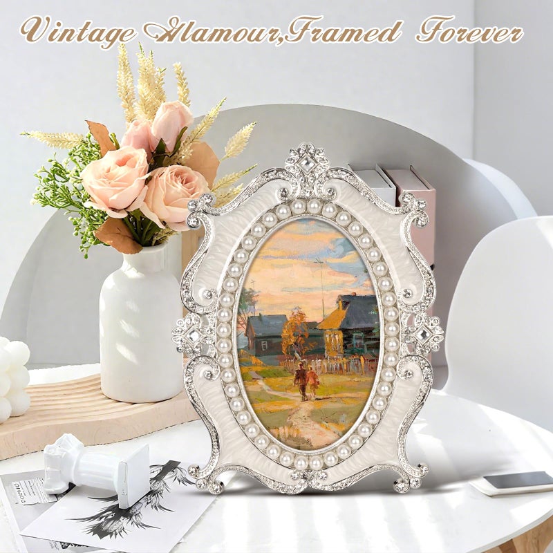 Essovee Vintage Picture Frames 4x6,Metal Vintage Photo Frame,Oval Photo Frame with Crystal and Pearl Decoration,HD Glass,for Wedding Valentine's/Mother's Day Gifts,White - Image 3