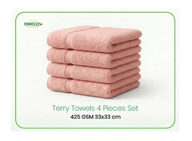 Premium Terry Face Towels Set – 4 Pieces, 425 GSM Soft Cotton Towels (33×33 cm)