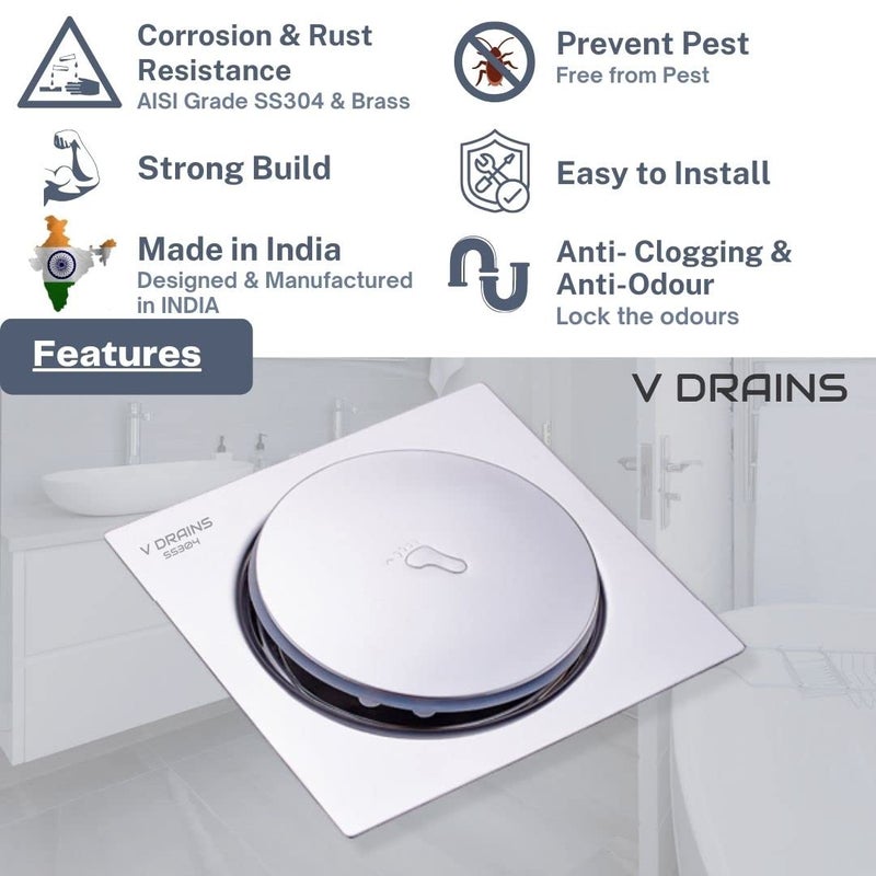 V Drains SS304 6x6 inch Pop Up Floor Drain (150mm x 150mm) for Bathroom/Balcony/Roof/Terrace/Floor/Parking Anti Foul | Anti-Cockroach Finish: Glossy (Crome) - Image 3