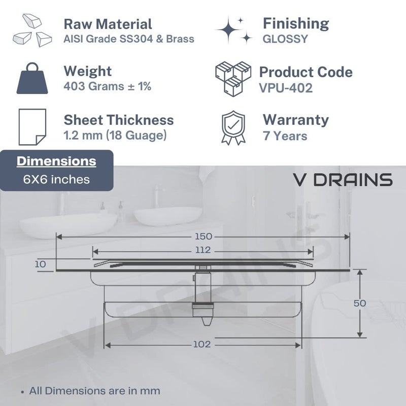V Drains SS304 6x6 inch Pop Up Floor Drain (150mm x 150mm) for Bathroom/Balcony/Roof/Terrace/Floor/Parking Anti Foul | Anti-Cockroach Finish: Glossy (Crome) - Image 2
