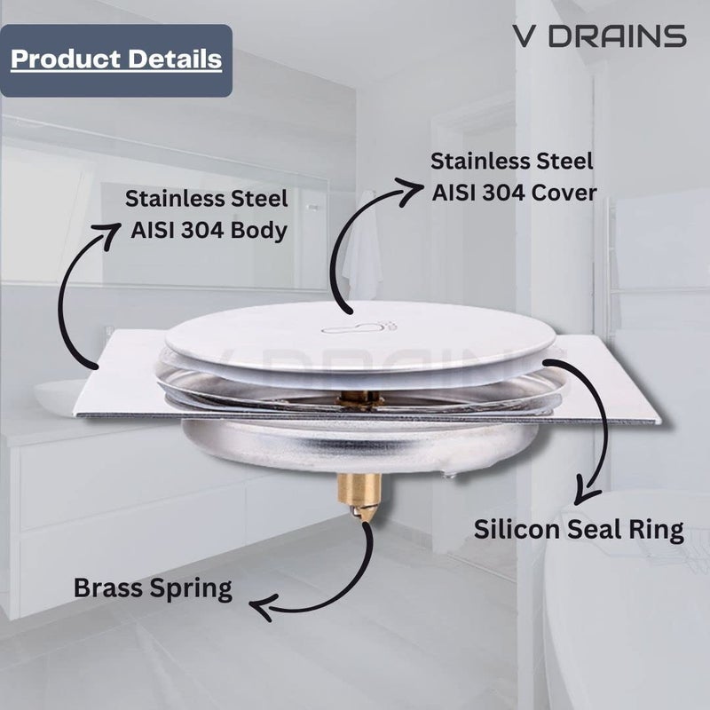 V Drains SS304 6x6 inch Pop Up Floor Drain (150mm x 150mm) for Bathroom/Balcony/Roof/Terrace/Floor/Parking Anti Foul | Anti-Cockroach Finish: Glossy (Crome) - Image 4