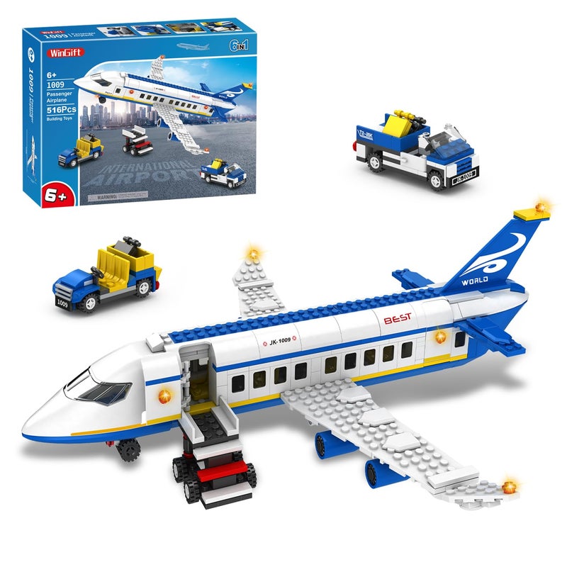 WINGIFT 516 Pcs City Passenger Airplane Building Set, 6 IN1 Plane Building Blocks Toys, STEM Aircraft Bricks with Shuttle Bus, Baggage Truck,Airplanes Model Toys Gifts for Adults Boys Girls Age 6-12+ - Image 1