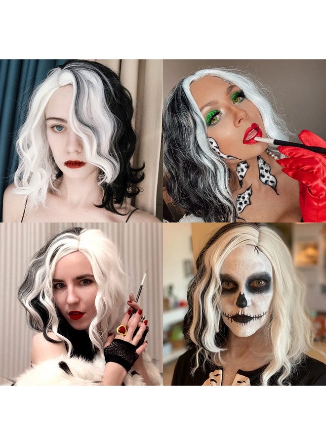 Cying Lin Short Bob Wavy Curly Wig Black And White Wig For Women Cosplay Halloween Wigs Heat Resistant Bob Party Wig Include Wig Cap (Black And White) - Image 4