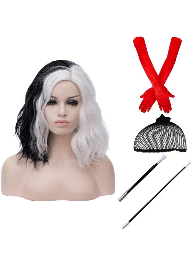Cying Lin Short Bob Wavy Curly Wig Black And White Wig For Women Cosplay Halloween Wigs Heat Resistant Bob Party Wig Include Wig Cap (Black And White) - Image 1