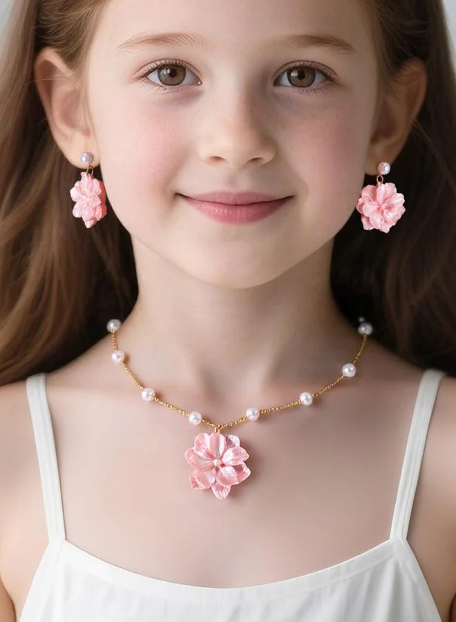 Girls Pink Flower Charm Pearl Necklace and Earring Set