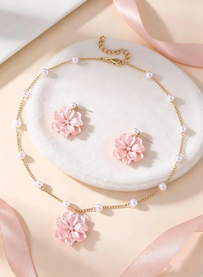Take Two  Girls Pink Flower Charm Pearl Necklace and Earring Set for Women | Best Price UAE