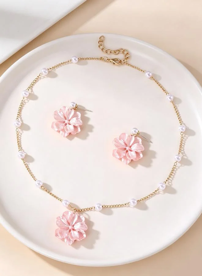 Take Two  Girls Pink Flower Charm Pearl Necklace and Earring Set for Women | Best Price UAE