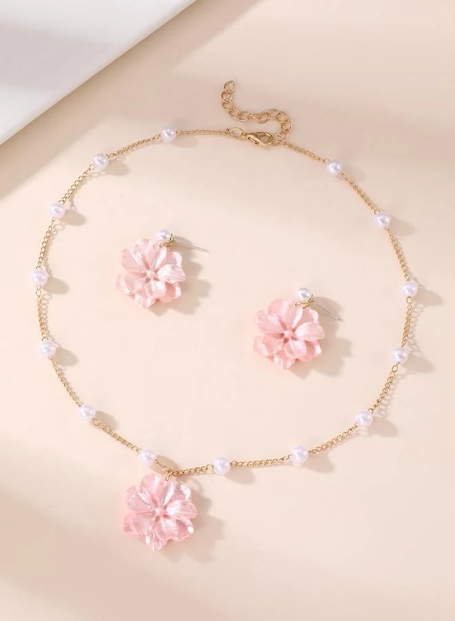 Take Two  Girls Pink Flower Charm Pearl Necklace and Earring Set for Women | Best Price UAE