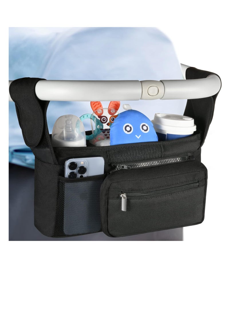 Universal Stroller Organizer,Stroller Accessories:Diaper Bag with Stroller Straps for Mom,Portable Stroller Bag with Insulated Cup Holder,Detachable Shoulder Strap&Zipper Bag,Newborn Essentials Organizer Bag for Baby Infant Pram（black） - Image 1