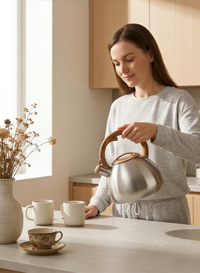 Solerconm 2.5L Whistling Stainless Steel Tea Kettle, Stove Top Water Kettle with Heat-Resistant Wood-Look Handle, Large Opening, Fast Boil Tea Pot for Induction and Gas Stoves - Image 3