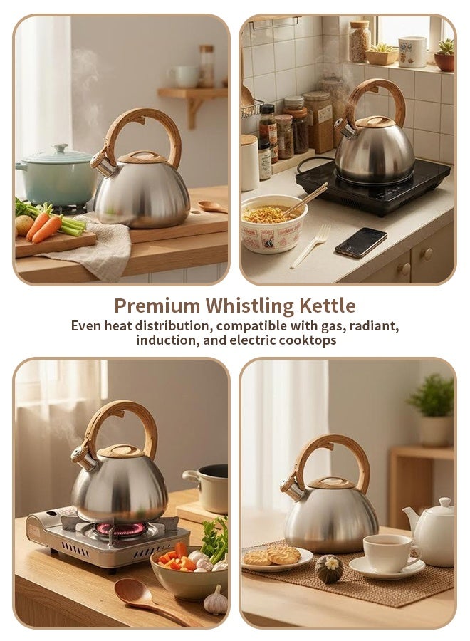 Solerconm 2.5L Whistling Stainless Steel Tea Kettle, Stove Top Water Kettle with Heat-Resistant Wood-Look Handle, Large Opening, Fast Boil Tea Pot for Induction and Gas Stoves - Image 5