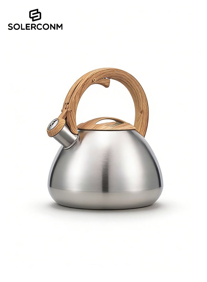 Solerconm 2.5L Whistling Stainless Steel Tea Kettle, Stove Top Water Kettle with Heat-Resistant Wood-Look Handle, Large Opening, Fast Boil Tea Pot for Induction and Gas Stoves - Image 2