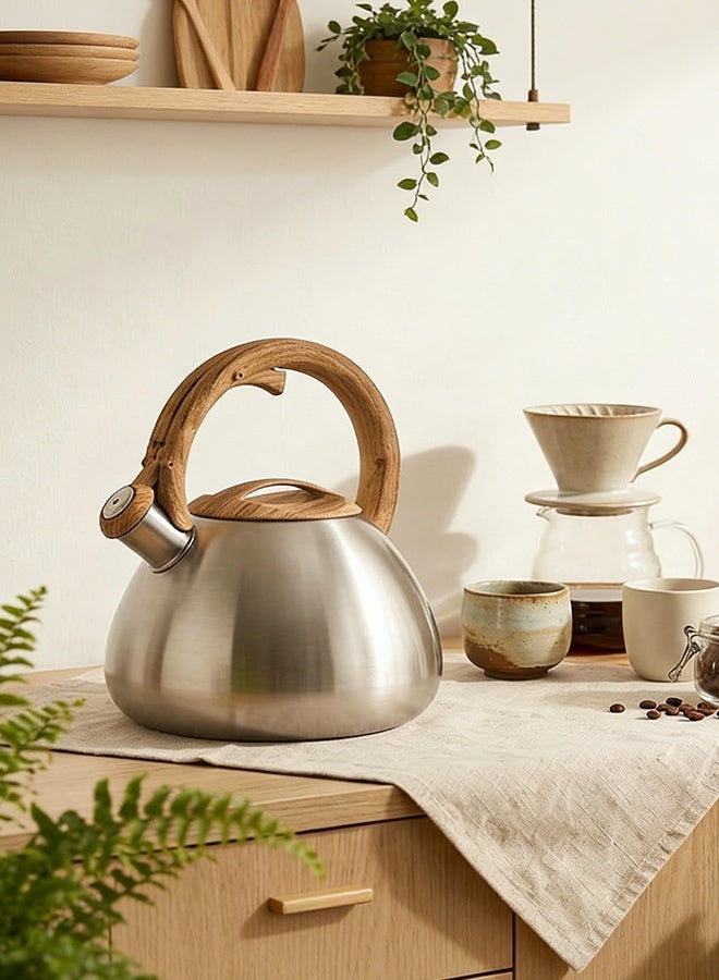 Solerconm 2.5L Whistling Stainless Steel Tea Kettle, Stove Top Water Kettle with Heat-Resistant Wood-Look Handle, Large Opening, Fast Boil Tea Pot for Induction and Gas Stoves - Image 1