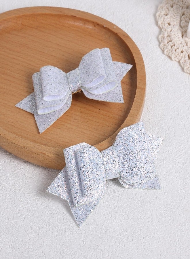 Miroksh 2pc 4in Glitter Silver Hair Bows Clips,Sparkle Bowknot Alligator Barrettes Hairpins for Teen,Toddler Girls,Kids, Women Wedding July 4th Party Dress Decor Accessories Gift - Image 1